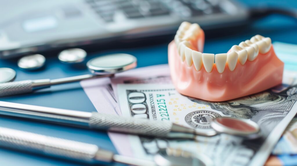 Lower arch of dentures on pile of money next to dental instruments